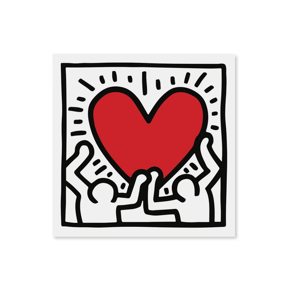 A square art print featuring a stylized red heart held up by two white figures with black outlines, centered on a white background.