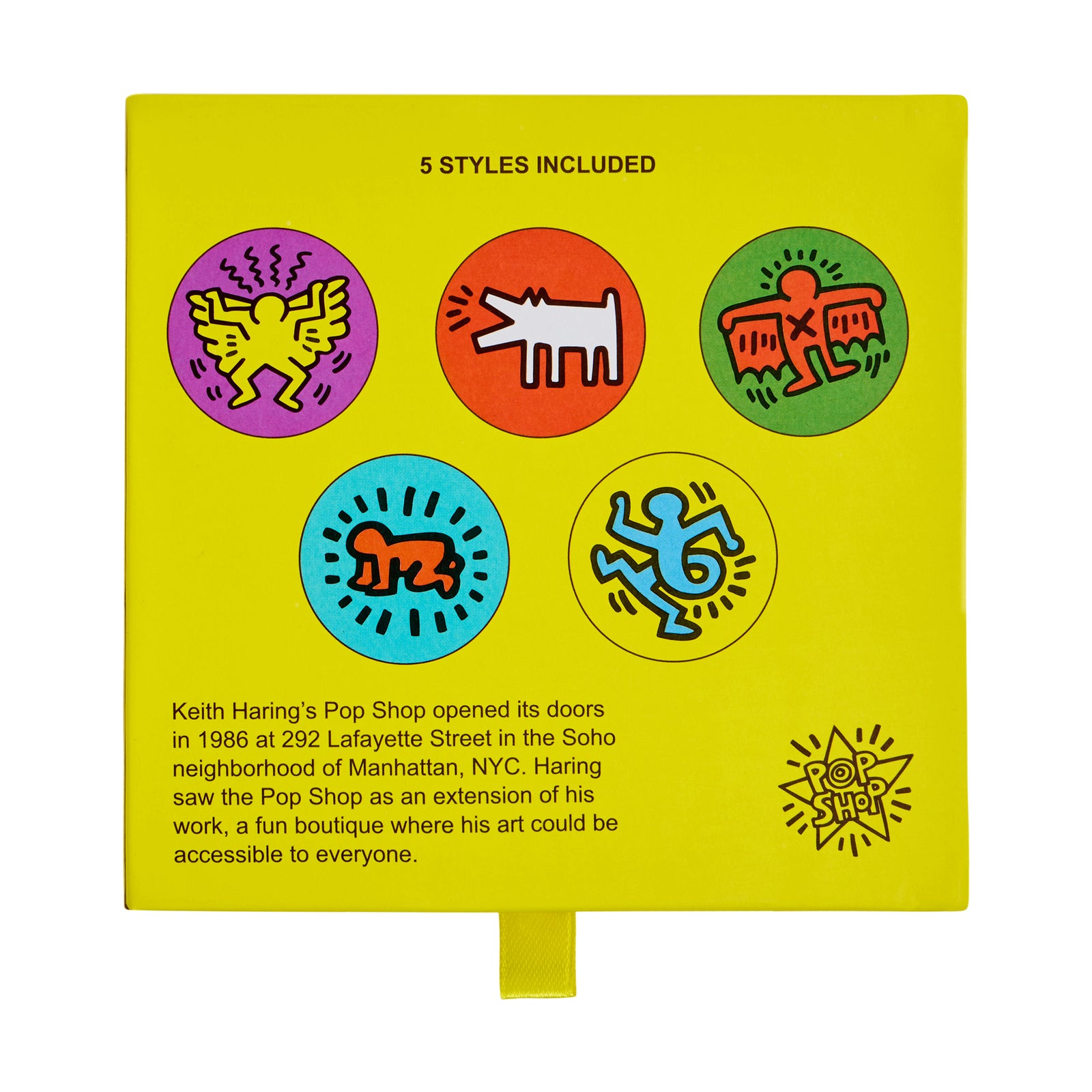 Five circular coasters featuring Keith Haring's signature pop-art style symbols in bright colors: orange on blue, white on red, blue on yellow, red on green, and yellow on purple, arranged on a white background.