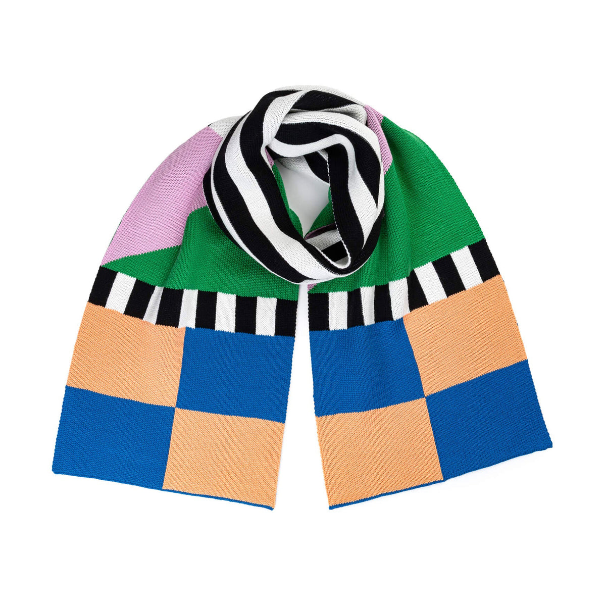 A multicolor knit scarf featuring a patchwork design with green, blue, peach, pink, and black-and-white striped sections, displayed on a light gray background.