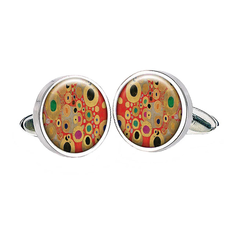 Cufflinks with circular design featuring colors and patterns on a white background