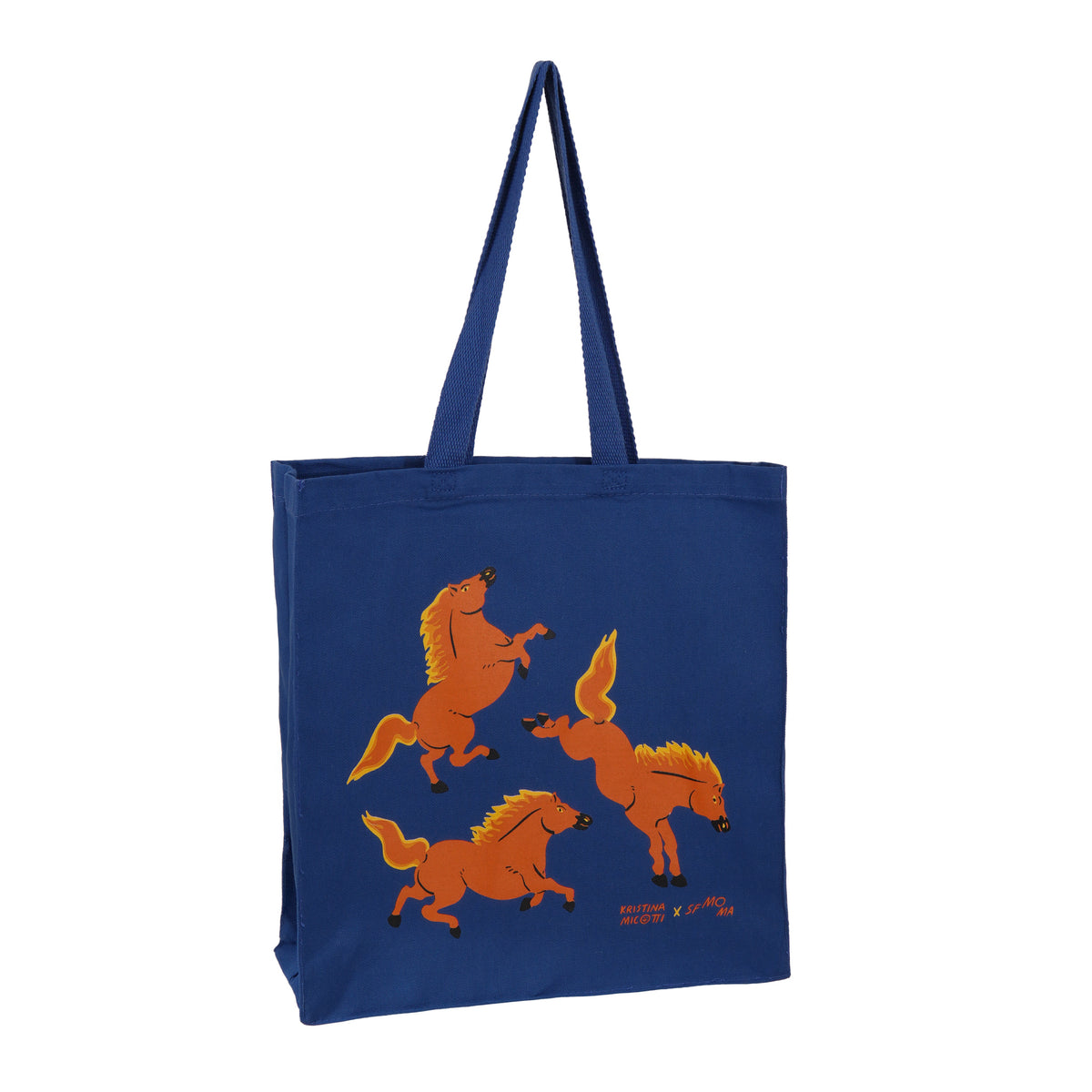 Blue tote bag with orange horse illustrations on a white background