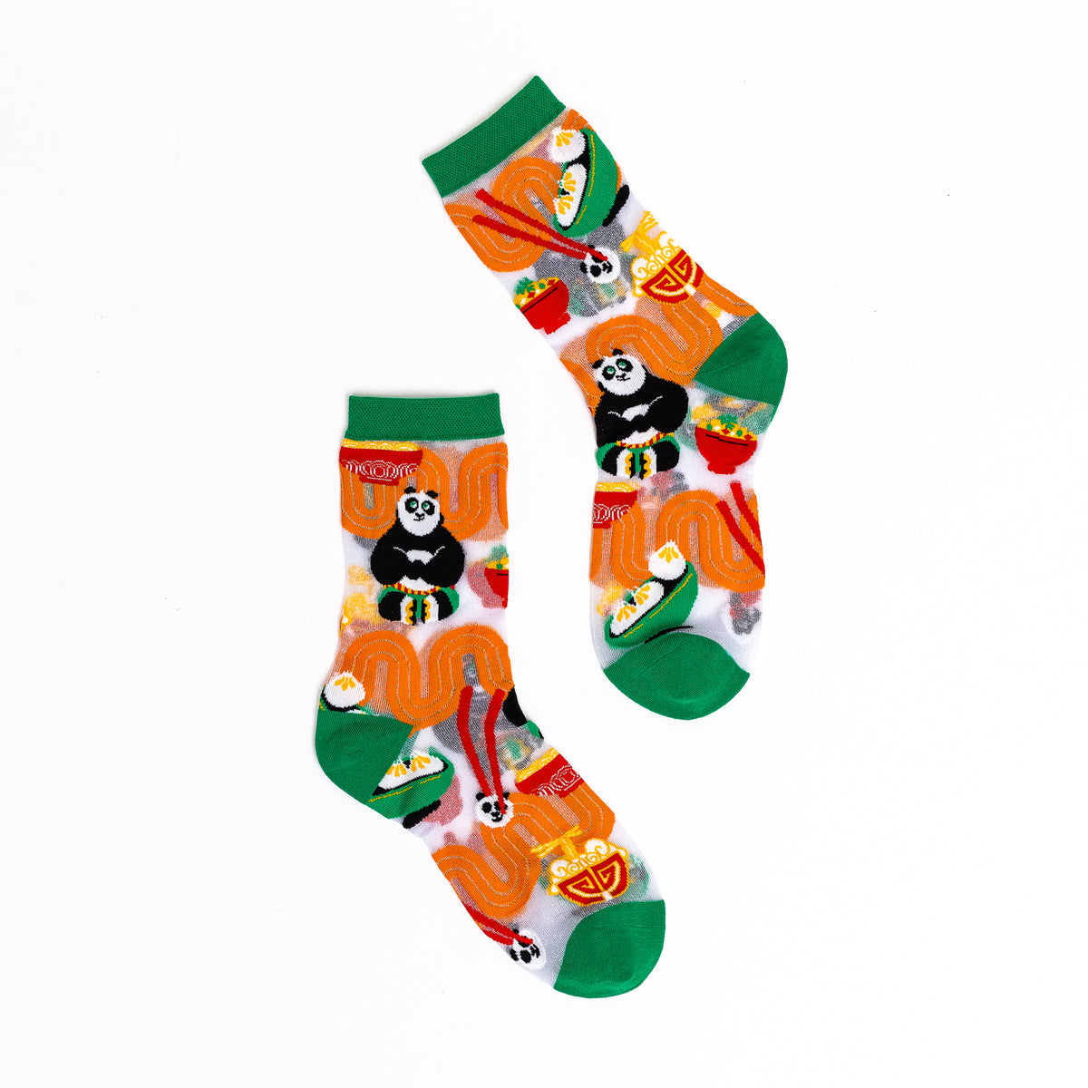 Colorful socks with panda and noodle design on a white background