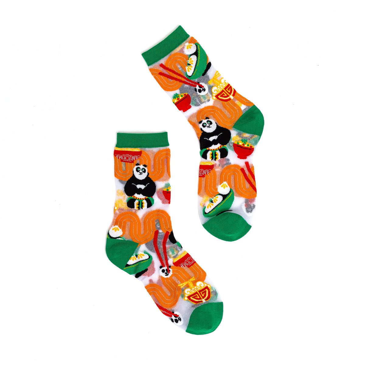 Colorful socks with panda and noodle design on a white background