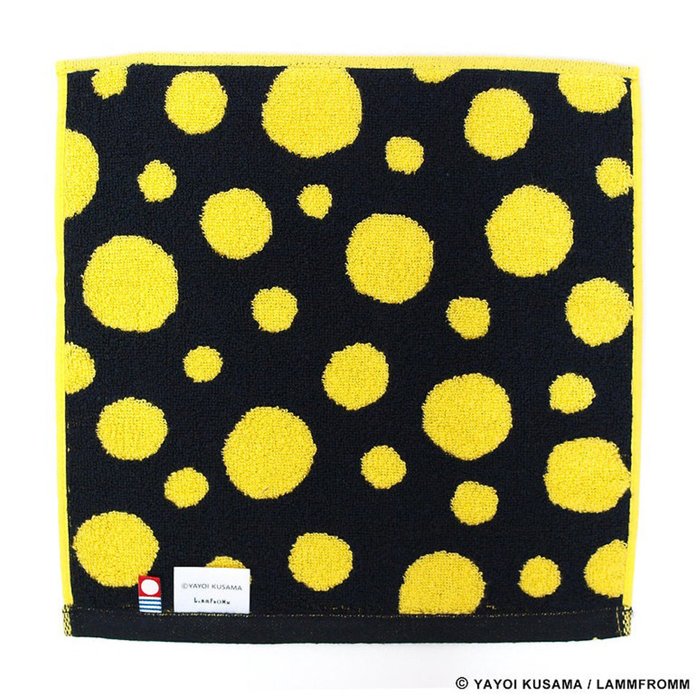 Back view of Yayoi Kusama Polka Dots Towel: Yellow and Black