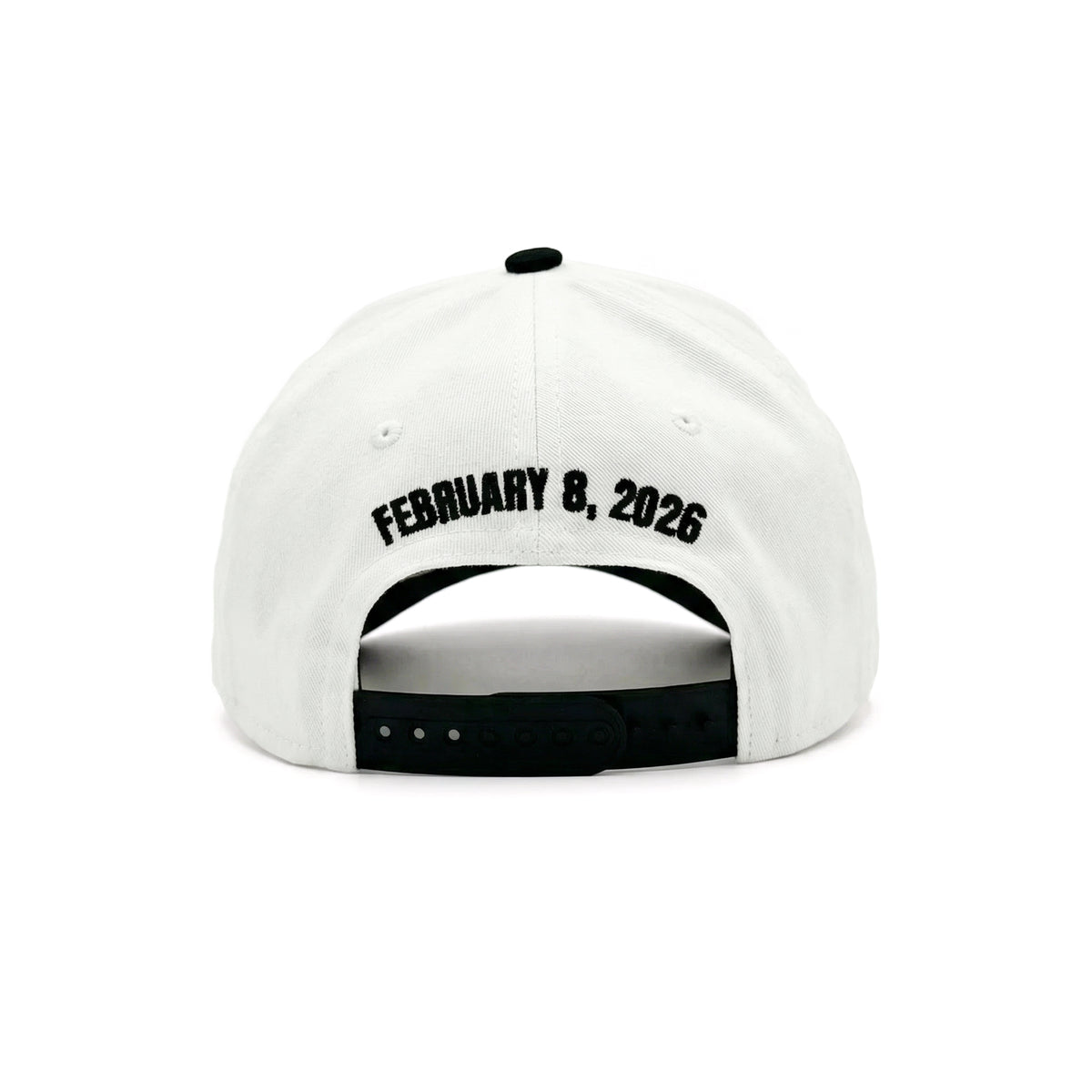 White cap with black text 'FEBRUARY 8, 2026' on a white background
