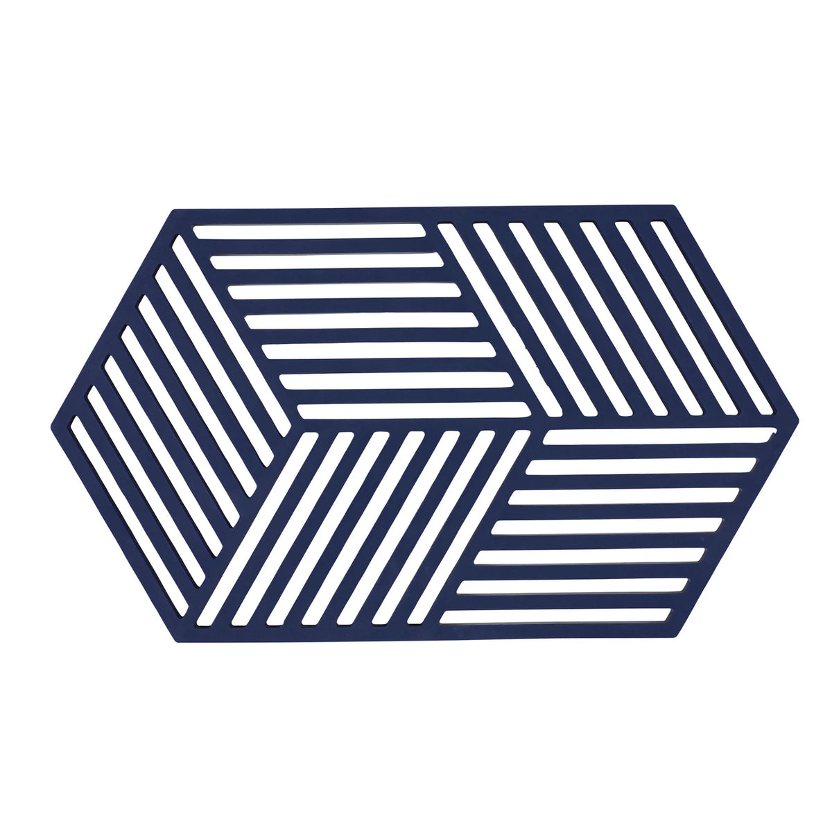 A geometric hexagonal trivet with a navy blue border and white interior sections divided by diagonal and horizontal lines, shown on a plain white background.