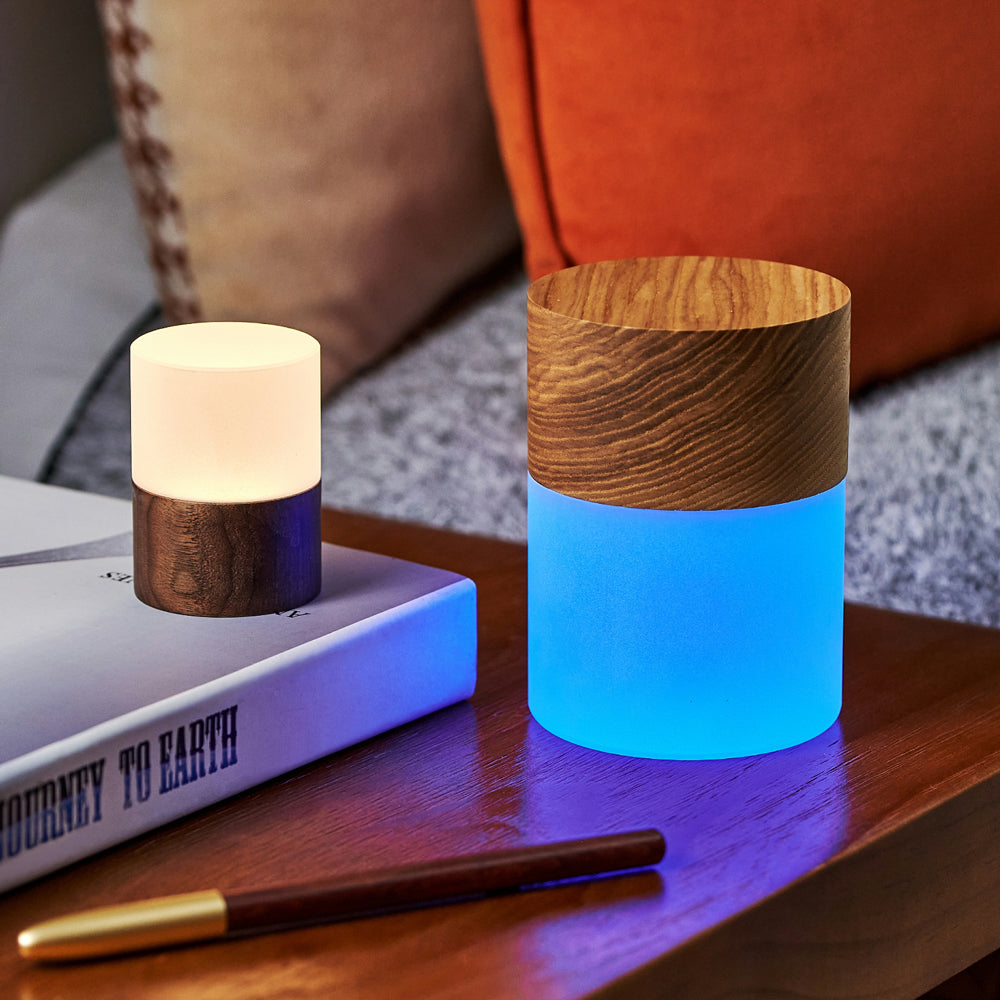 Large and mini light on bedside table.
