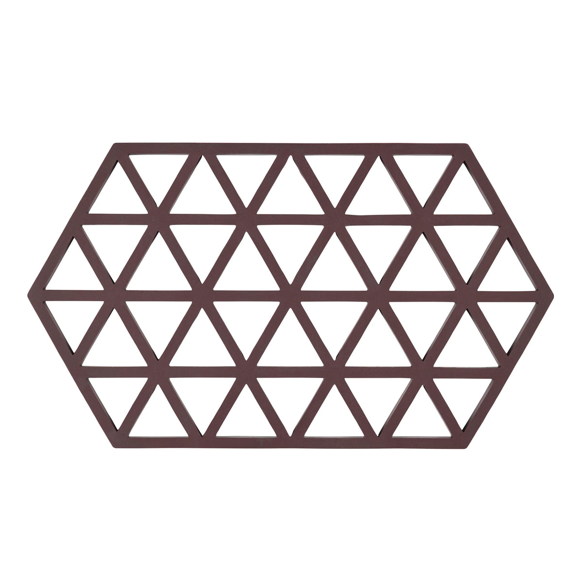 A geometric hexagonal trivet with a triangular lattice pattern, finished in a dark brown color, shown on a solid white background.
