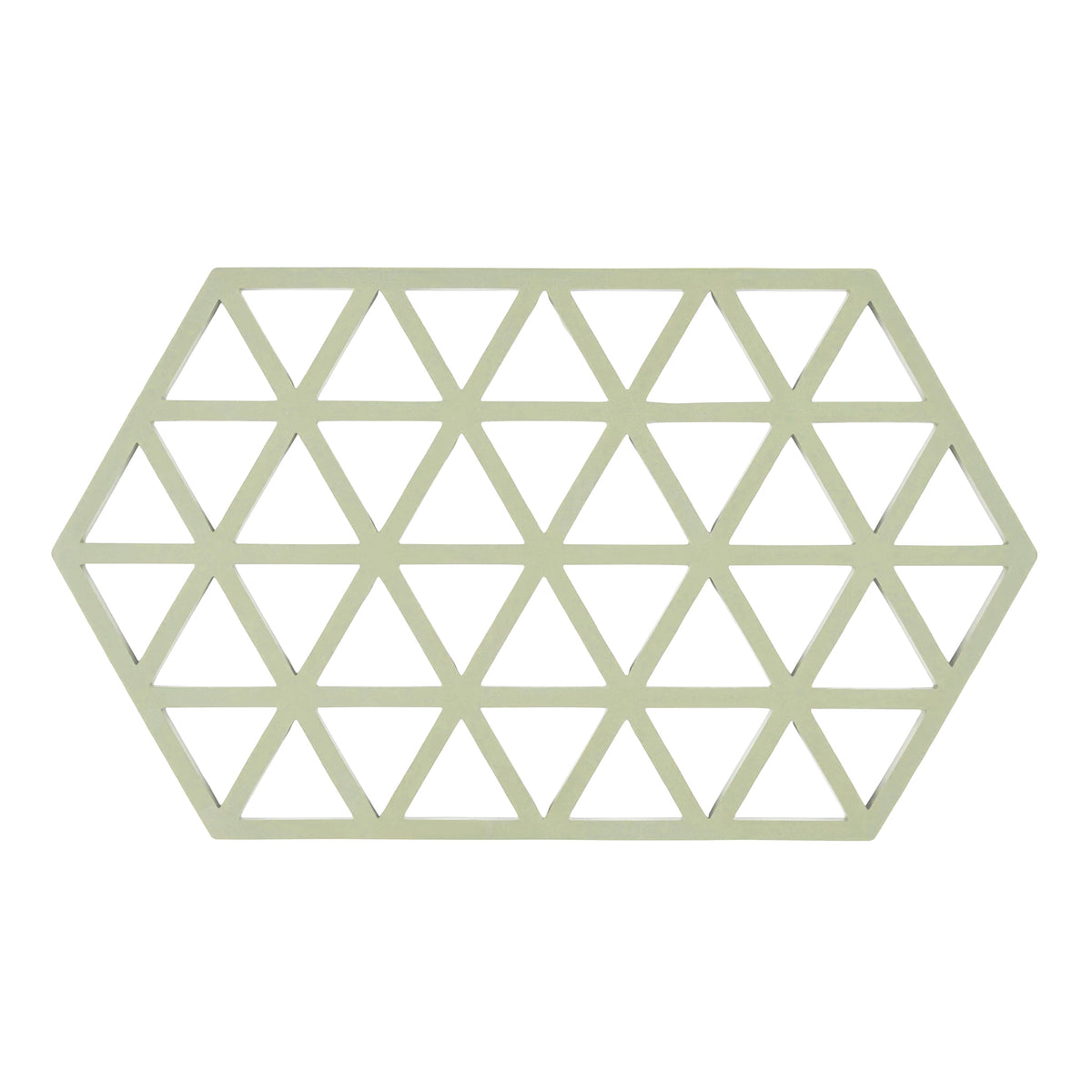 A hexagonal trivet featuring a geometric triangular lattice pattern, shown in a light sage green color on a solid white background.