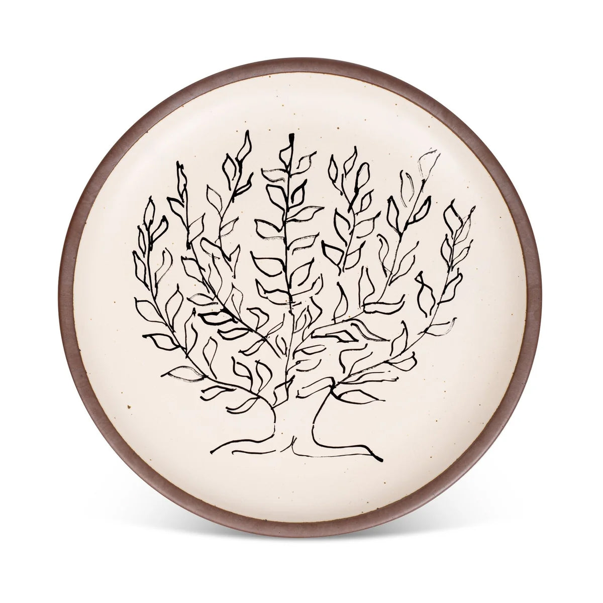 A round ceramic plate with a hand-painted black botanical line drawing of a leafy tree on an off-white background, featuring a contrasting brown rim.