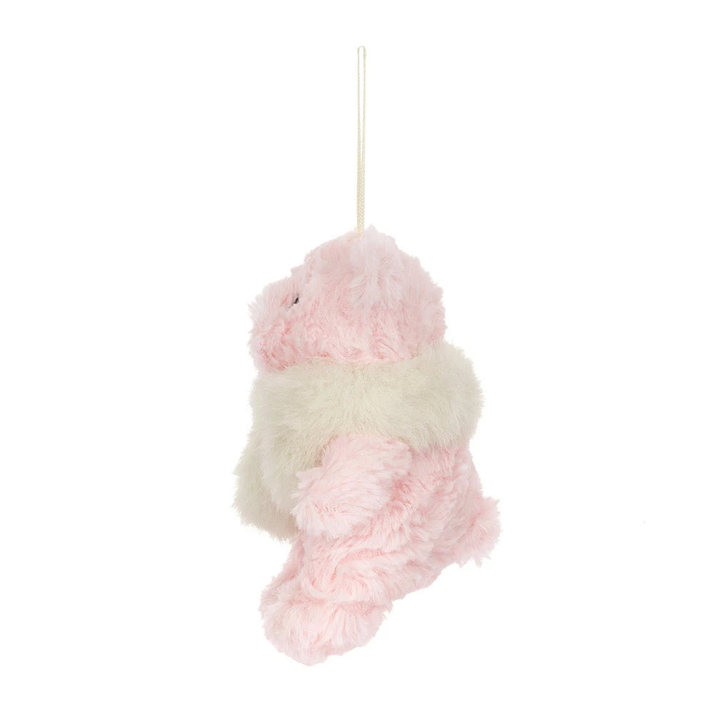 A fluffy pink plush bear ornament with a cream faux-fur collar and a hanging loop, shown against a plain white background.