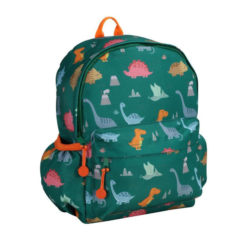 Children's backpack with dinosaur pattern on a white background