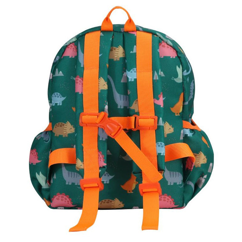 Children's backpack with dinosaur pattern on a white background