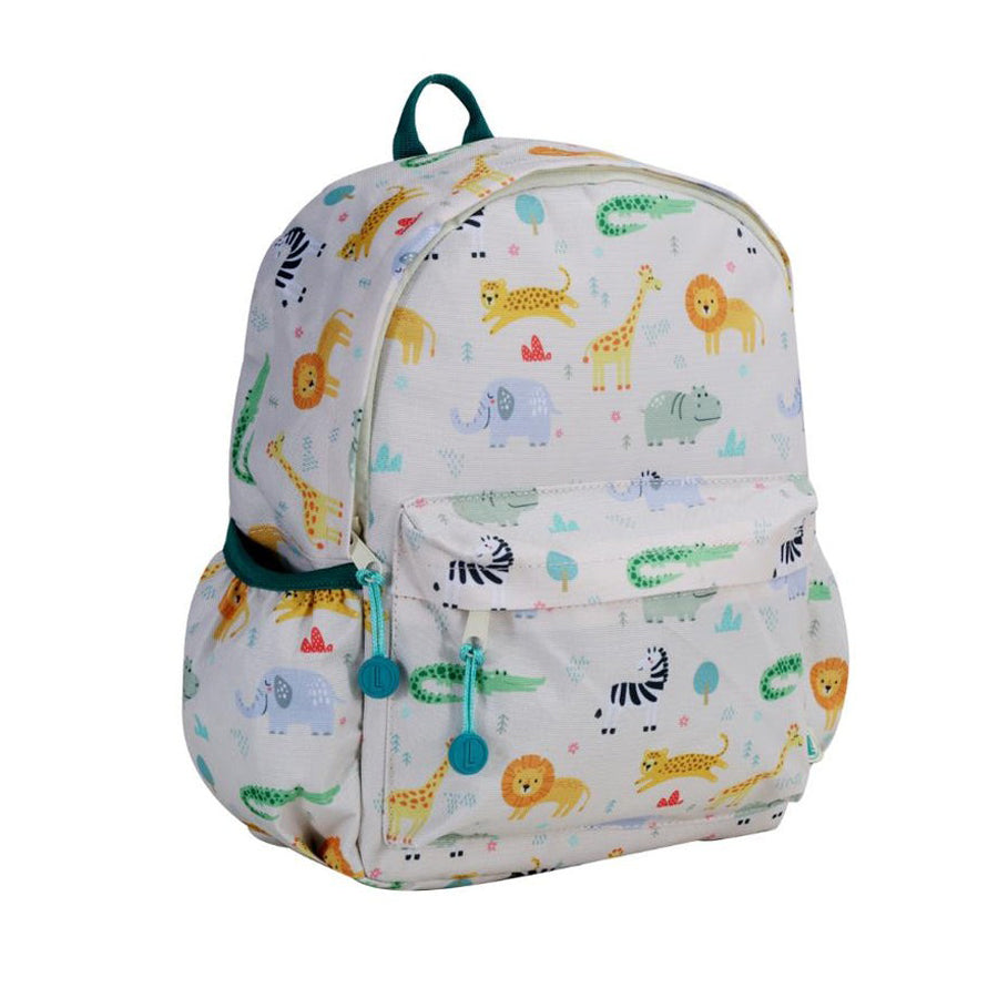Backpack with colorful animal pattern on a white background