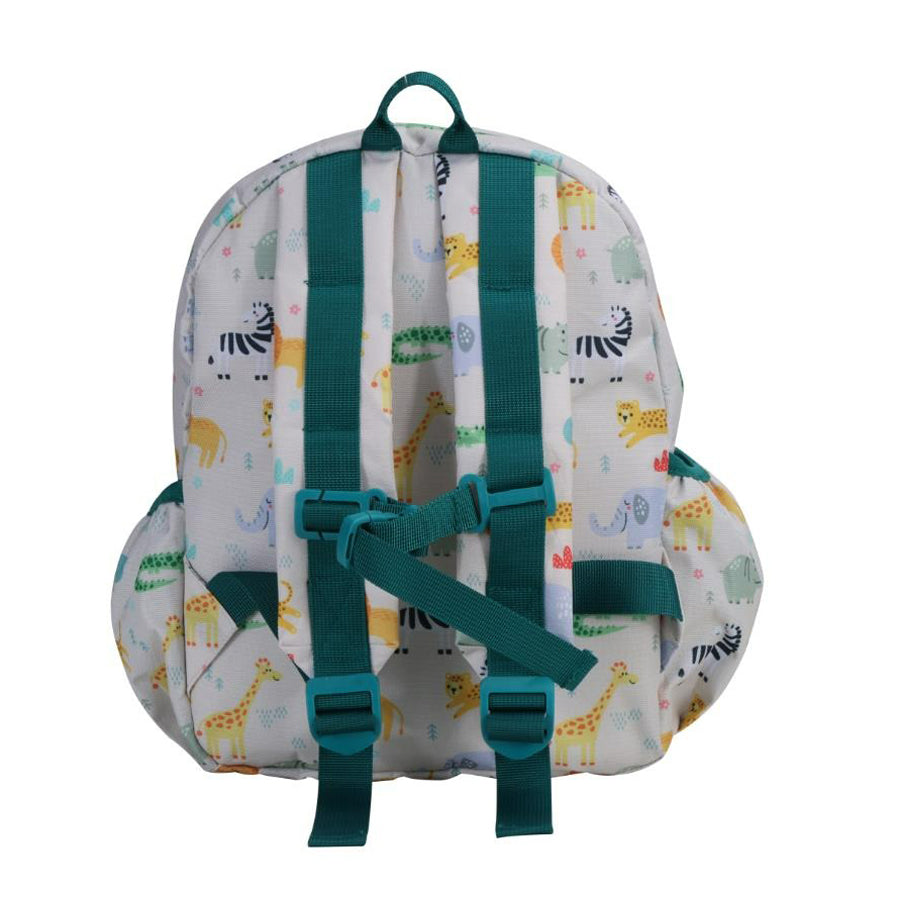 Backpack with colorful animal pattern on a white background
