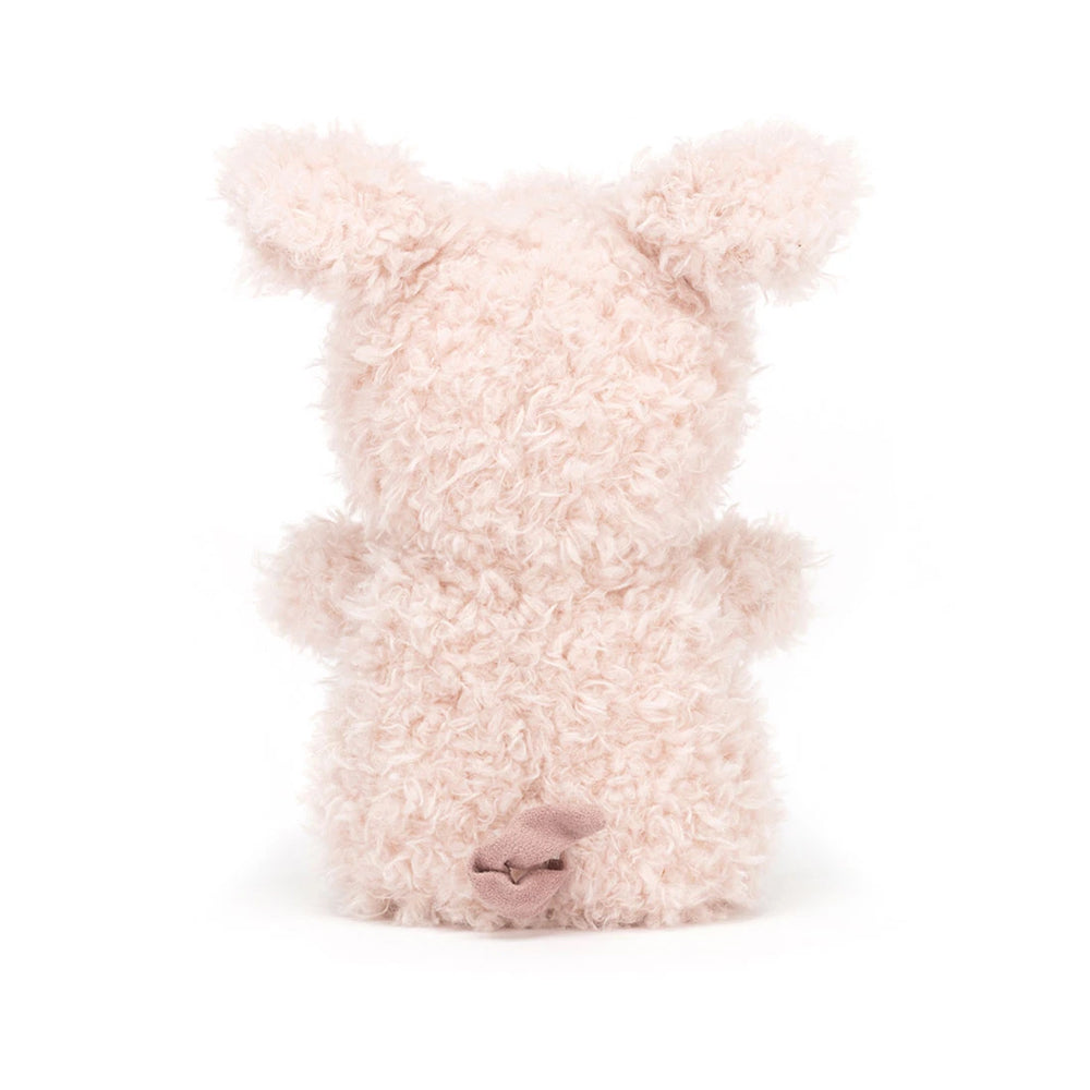A light pink curly fleece pig plush toy shown from the back on a clean white background.