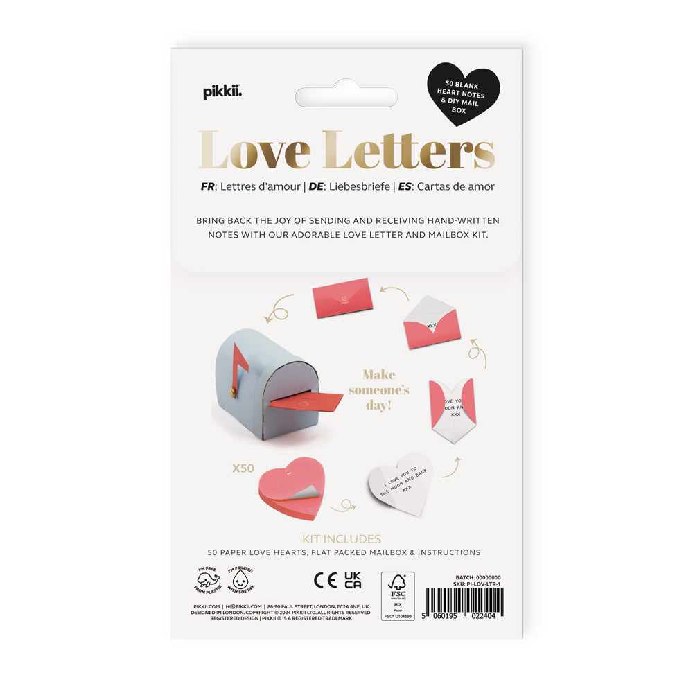 Packaging of a love letter set with hearts and mailbox on a white background