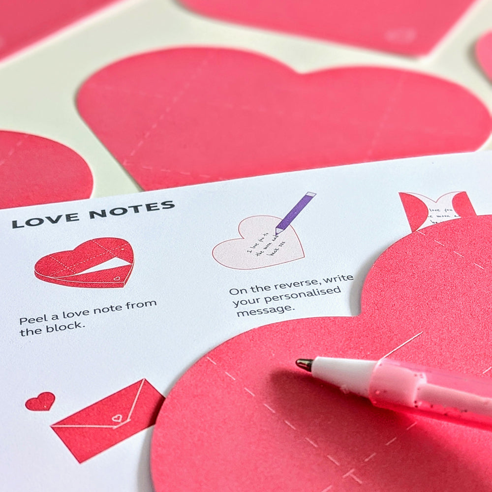 Pink heart-shaped cards with a pen and instructions for writing love notes on a white background.