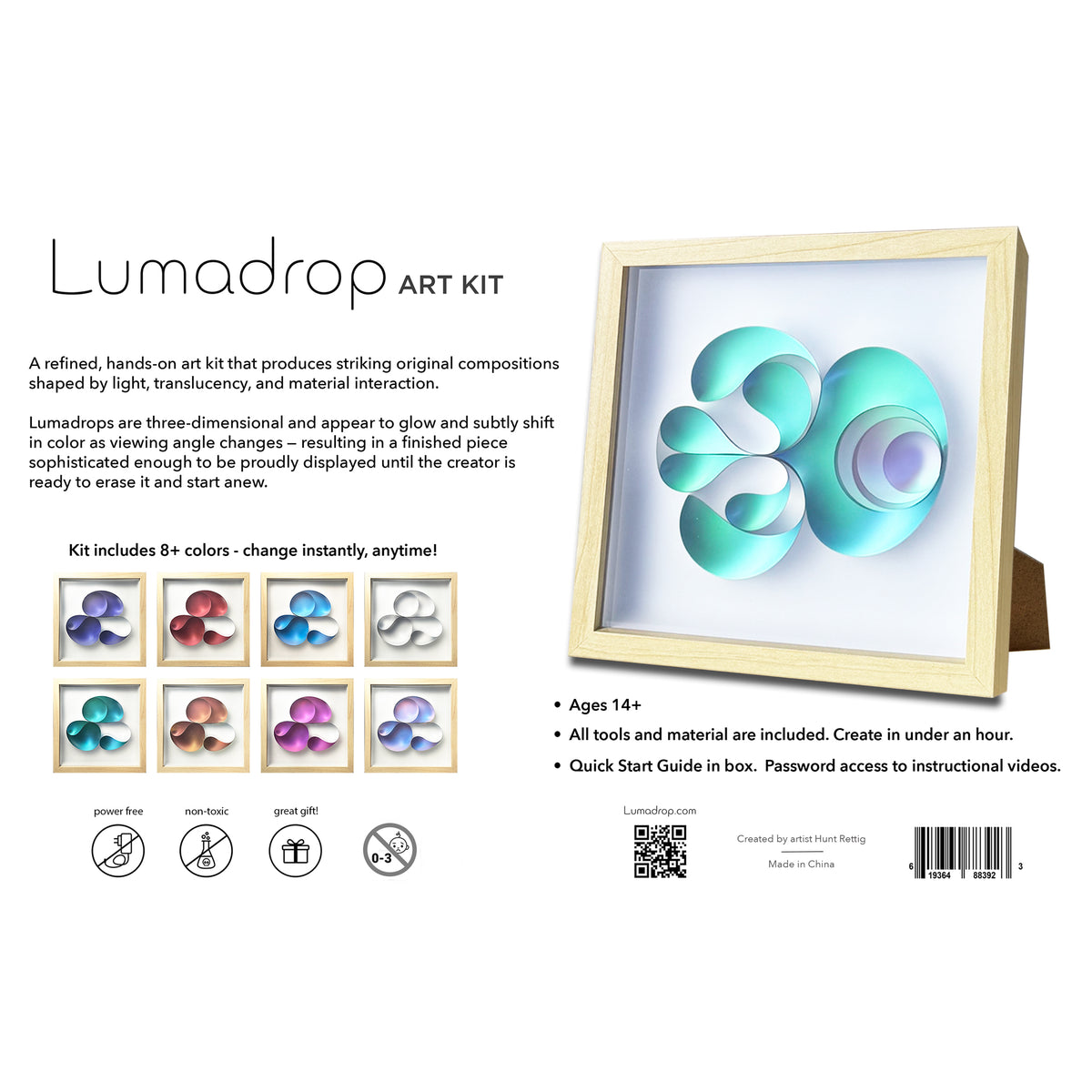 Lumadrop art kit packaging with a sample lumadrop design and product details.