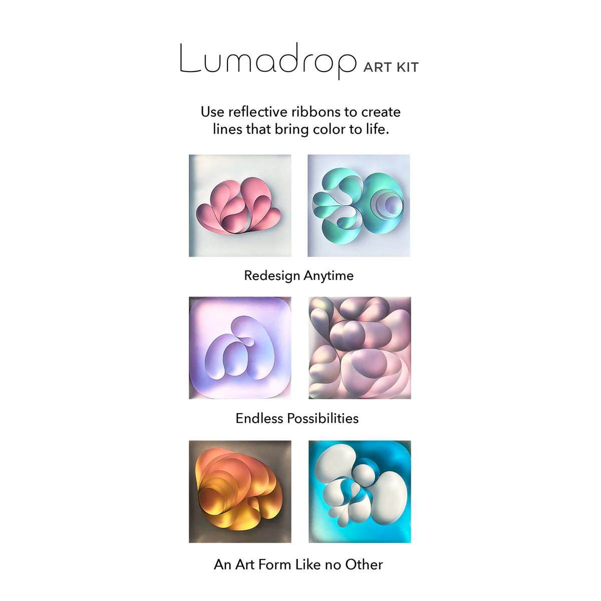 Lumadrop Art Kit with colorful reflective ribbons and text on a white background