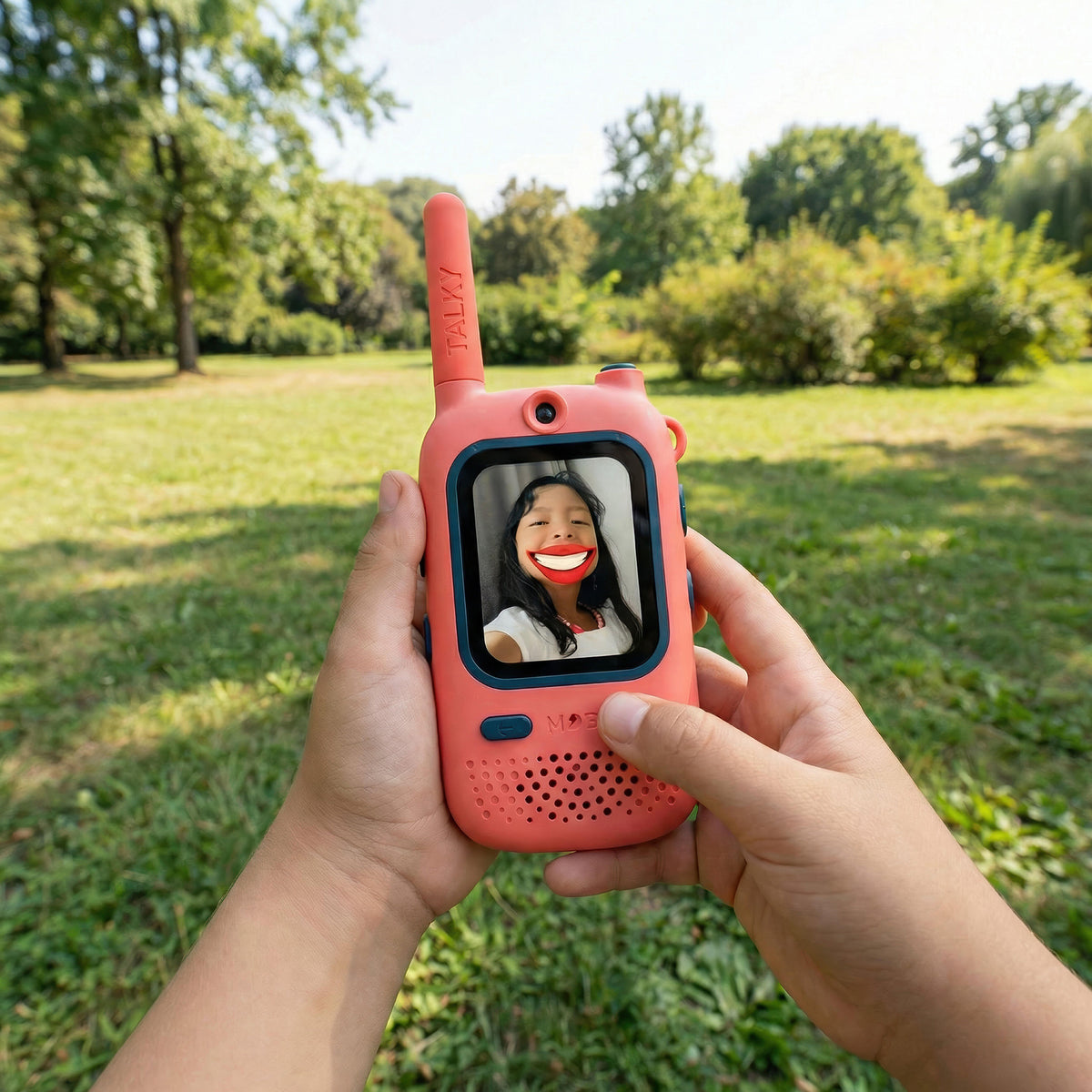 Person holding a pink walkie-talkie with a screen displaying a person's face outdoors.