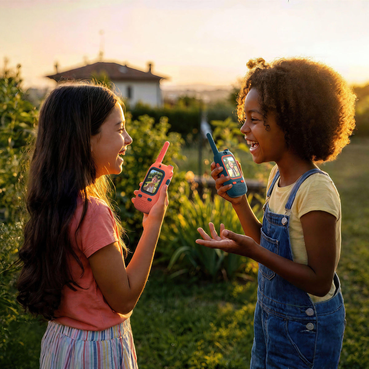Two young girls outdoors at sunset, smiling and talking while holding toy walkie-talkie style radios. One girl wears a coral pink top and striped skirt, and the other wears denim overalls over a pale yellow shirt.