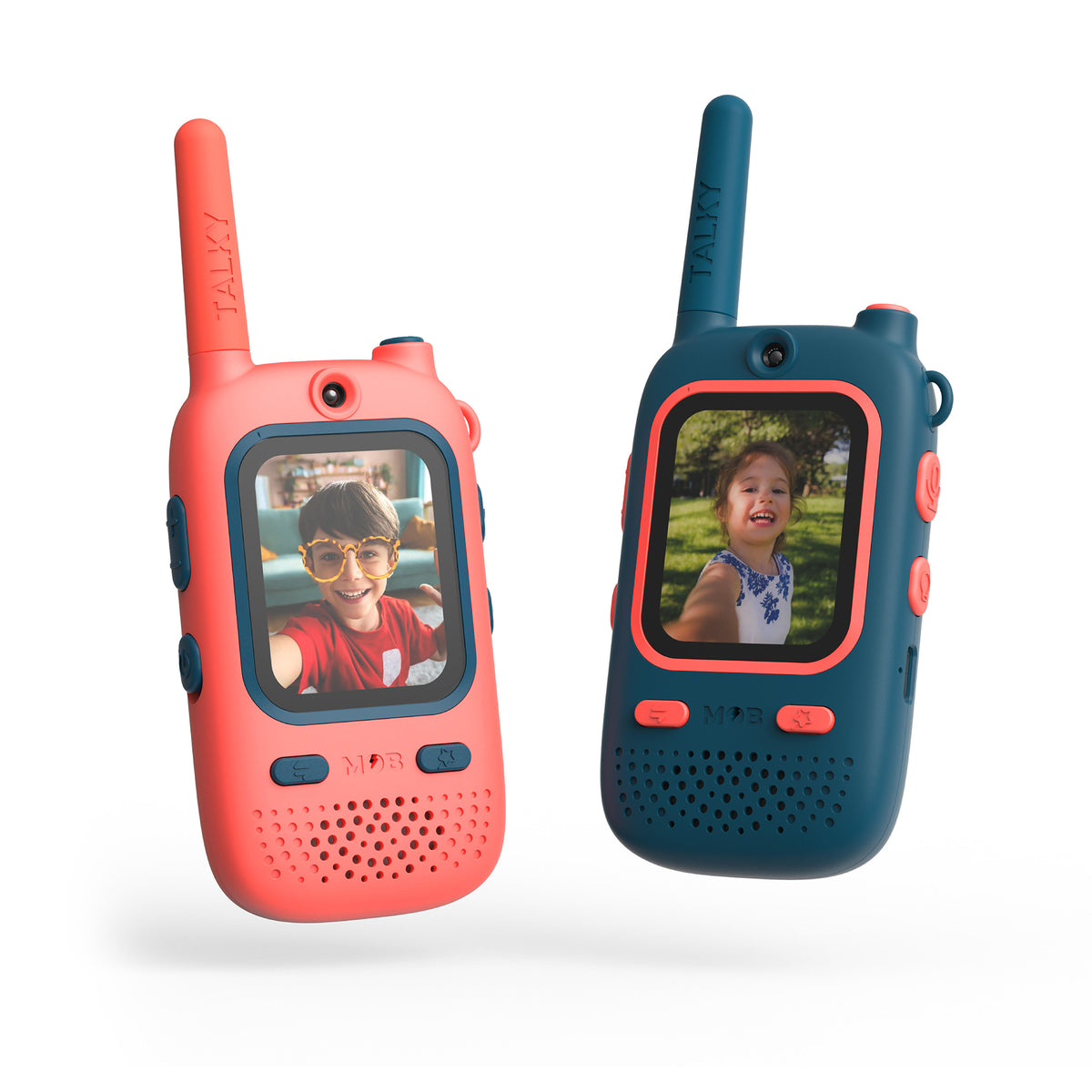 Two children's walkie-talkies floating against a white background, one coral pink and one dark teal blue, each with a screen showing a child's photo and antennas pointing upward.