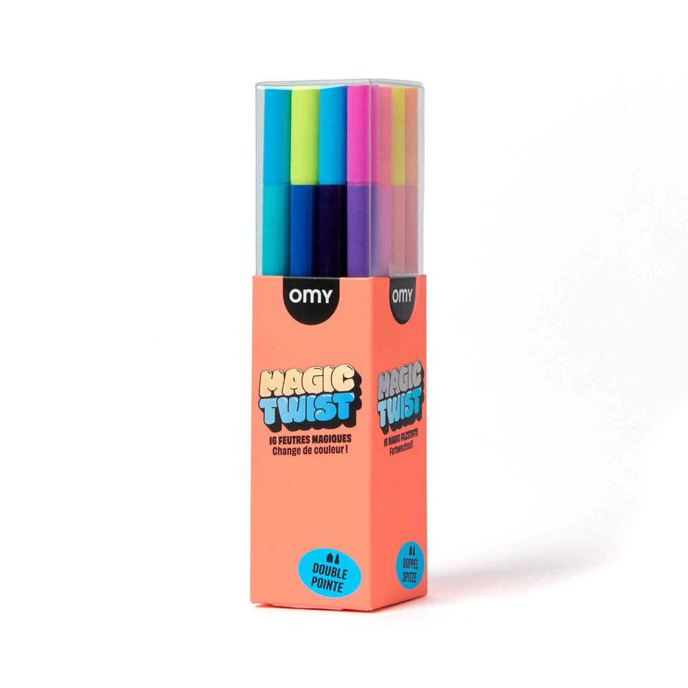 A pack of OMY Magic Twist double pointed markers in a clear plastic tube with a coral orange cardboard sleeve, shown on a white background.