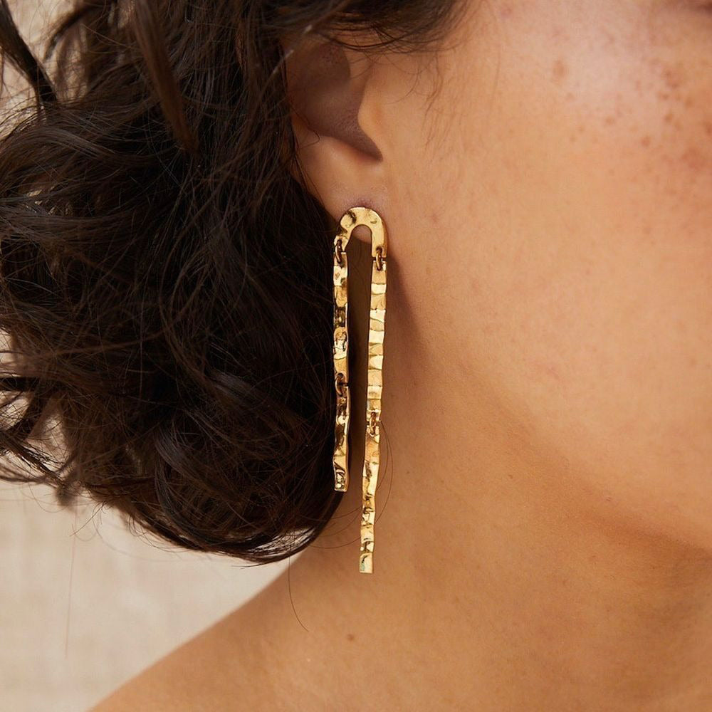 Close-up model wearing earrings.