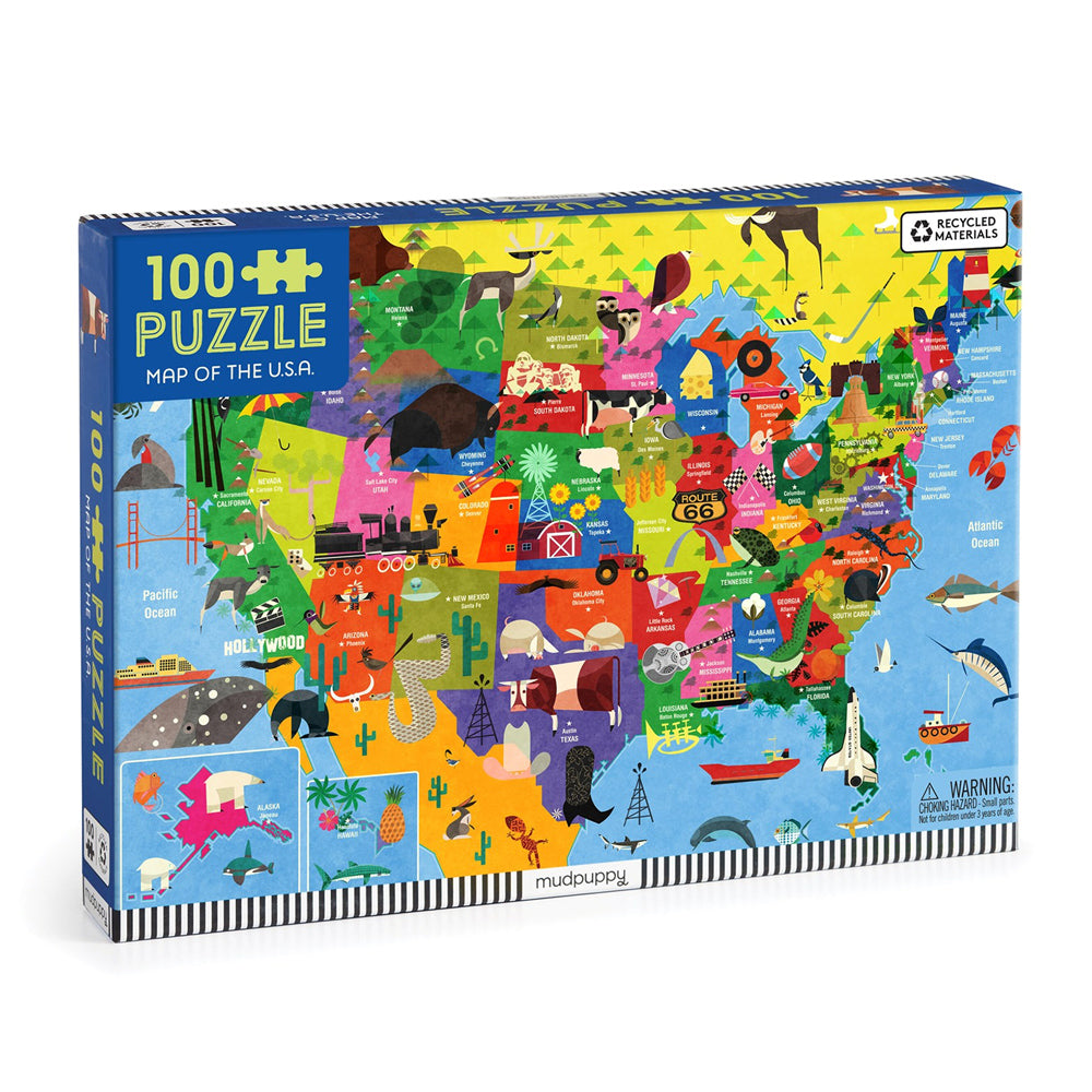 Puzzle box with a colorful map of the USA on the packaging