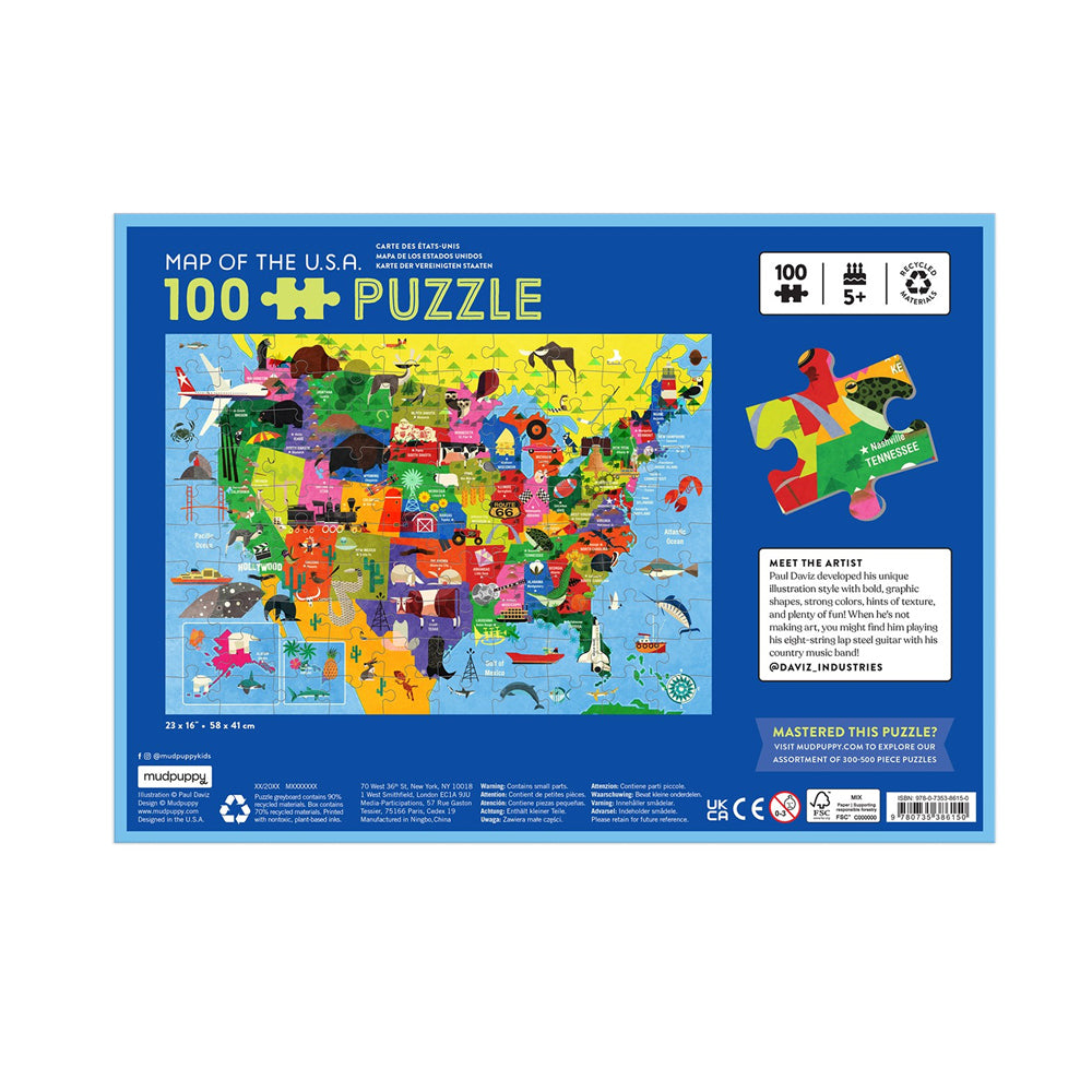 Jigsaw puzzle box with a colorful map of the USA on a blue background