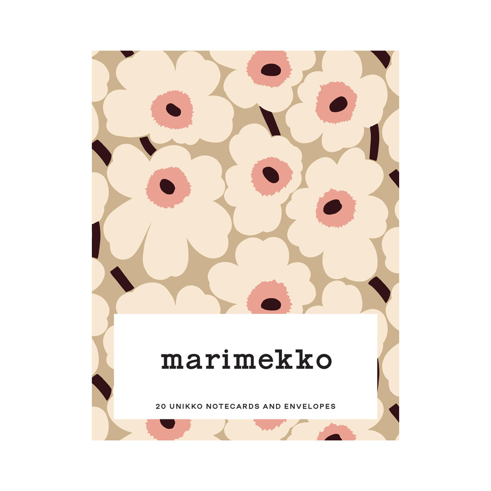 Marimekko notecards box with floral design and brand name on a beige background