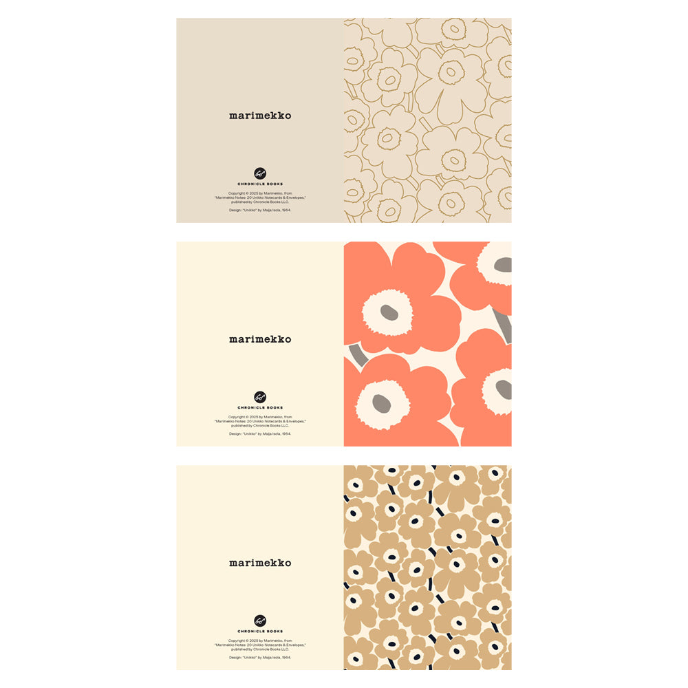 Three Marimekko patterned notecards with different designs on a white background.