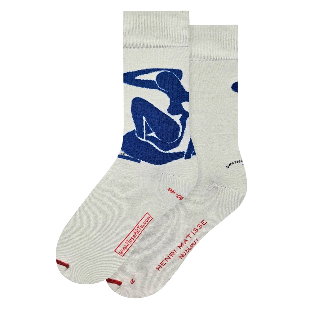 Off white socks with blue graphic and red text on a white background