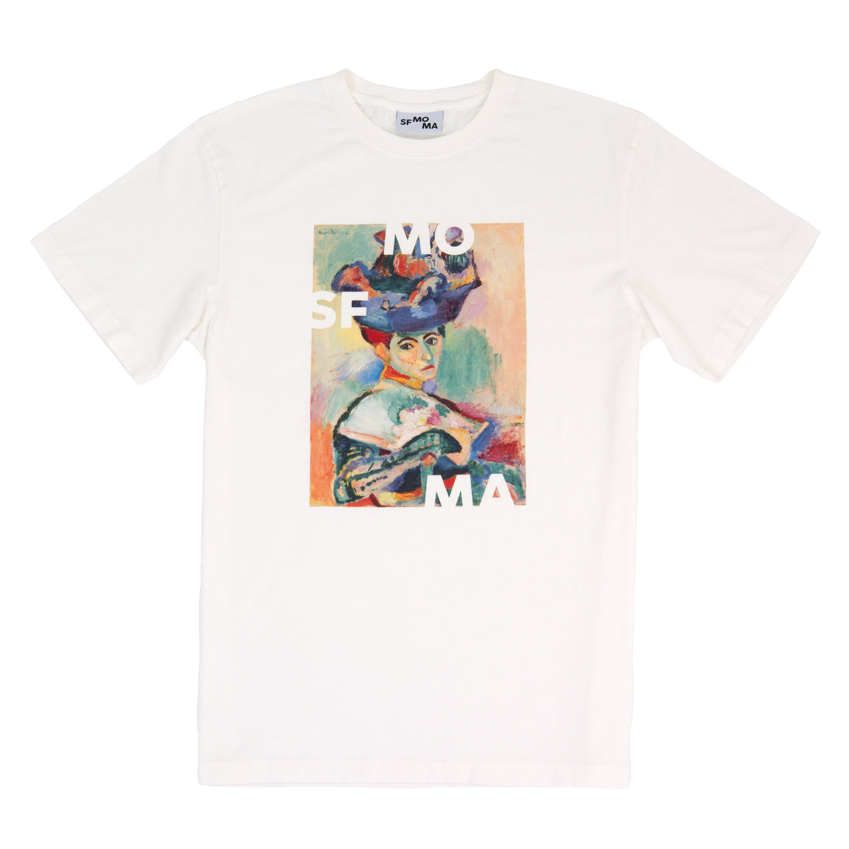 White t-shirt with a colorful graphic design on a white background