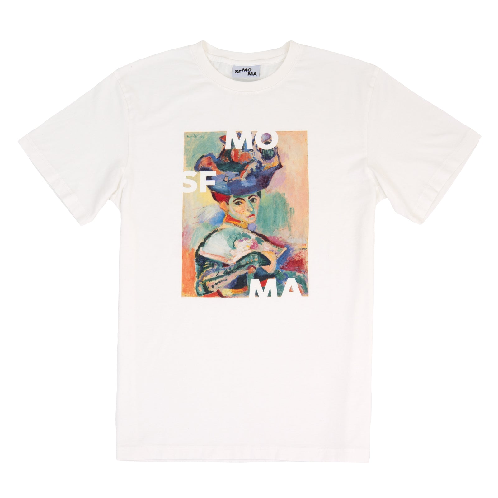 White t-shirt with a colorful graphic design on a white background