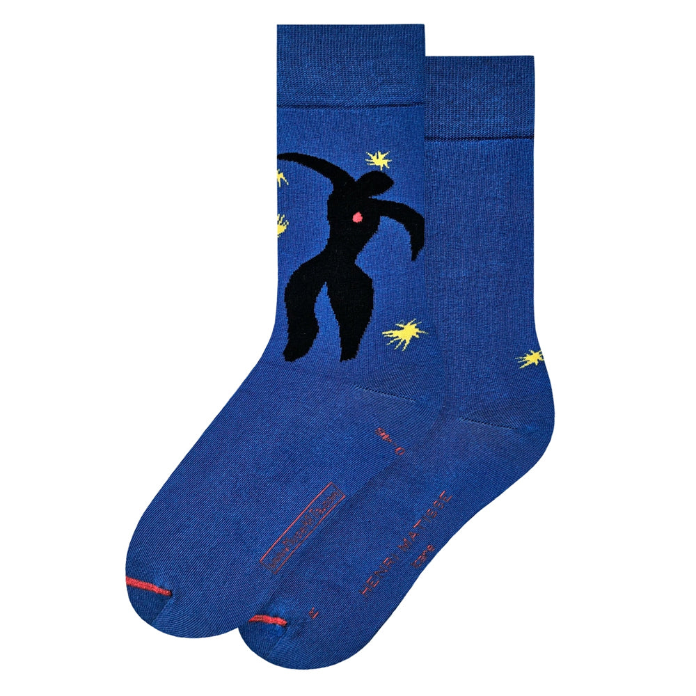 Blue socks with a black silhouette design on a white background