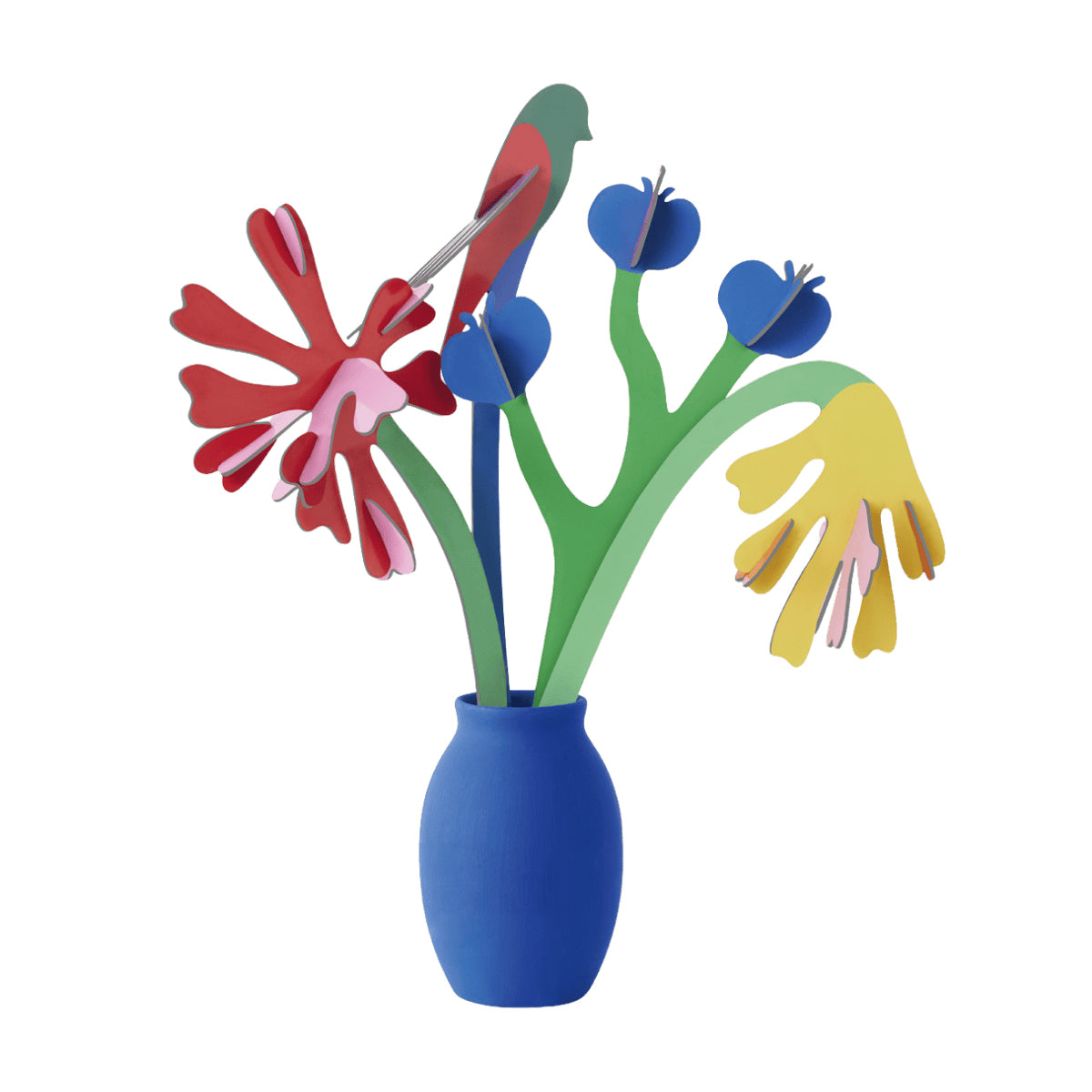 Colorful paper flower-shaped objects with a blue vase on a white background