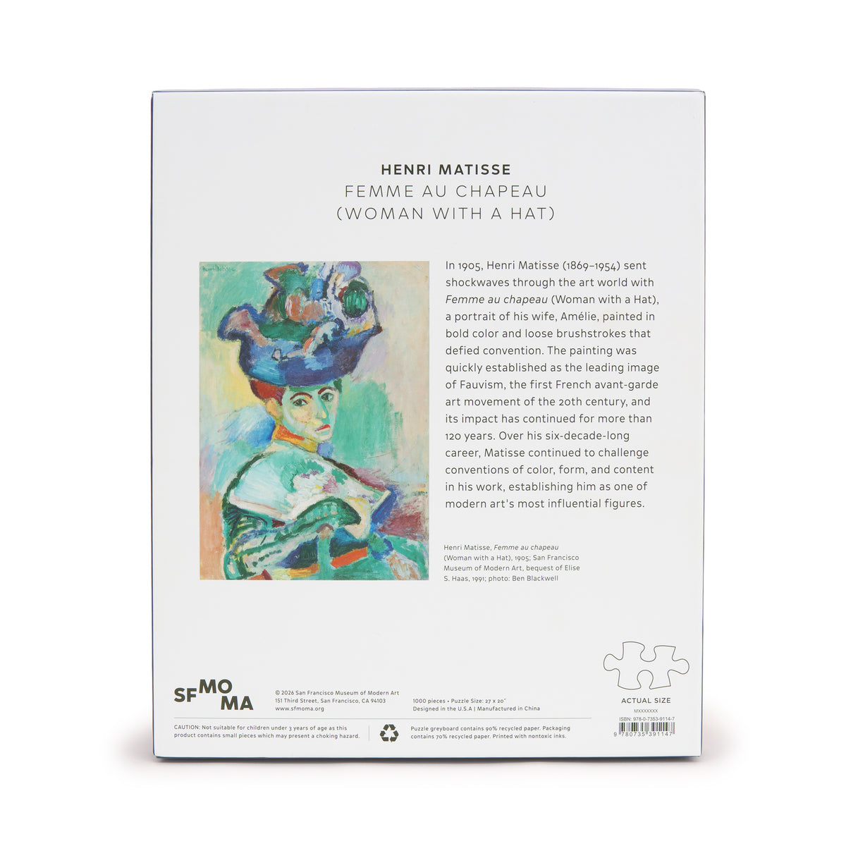Matisse 1000-Piece Jigsaw Puzzle: Femme au Chapeau back cover on white