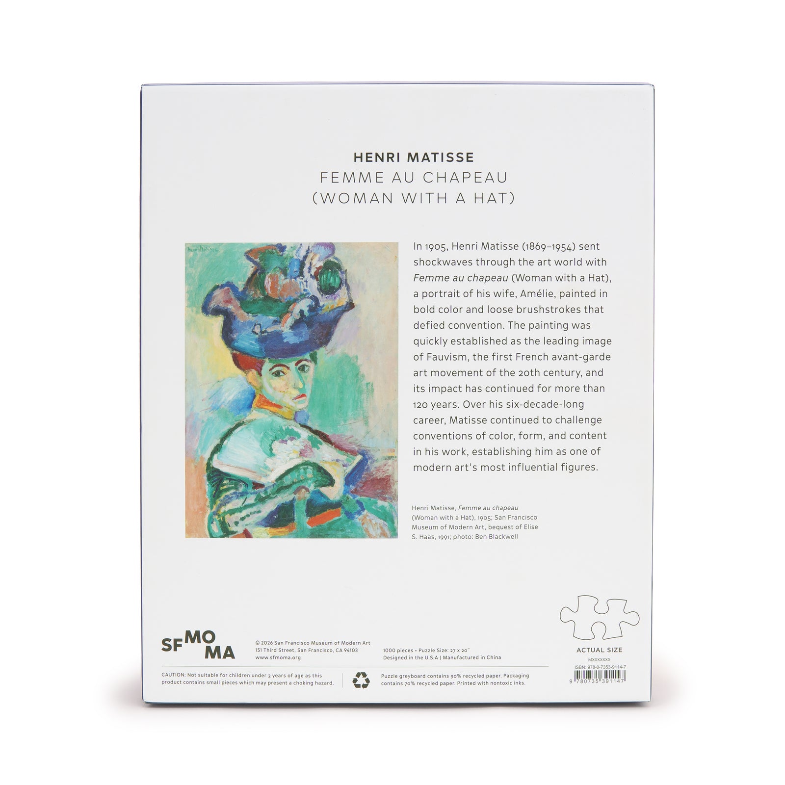 Matisse 1000-Piece Jigsaw Puzzle: Femme au Chapeau facing right