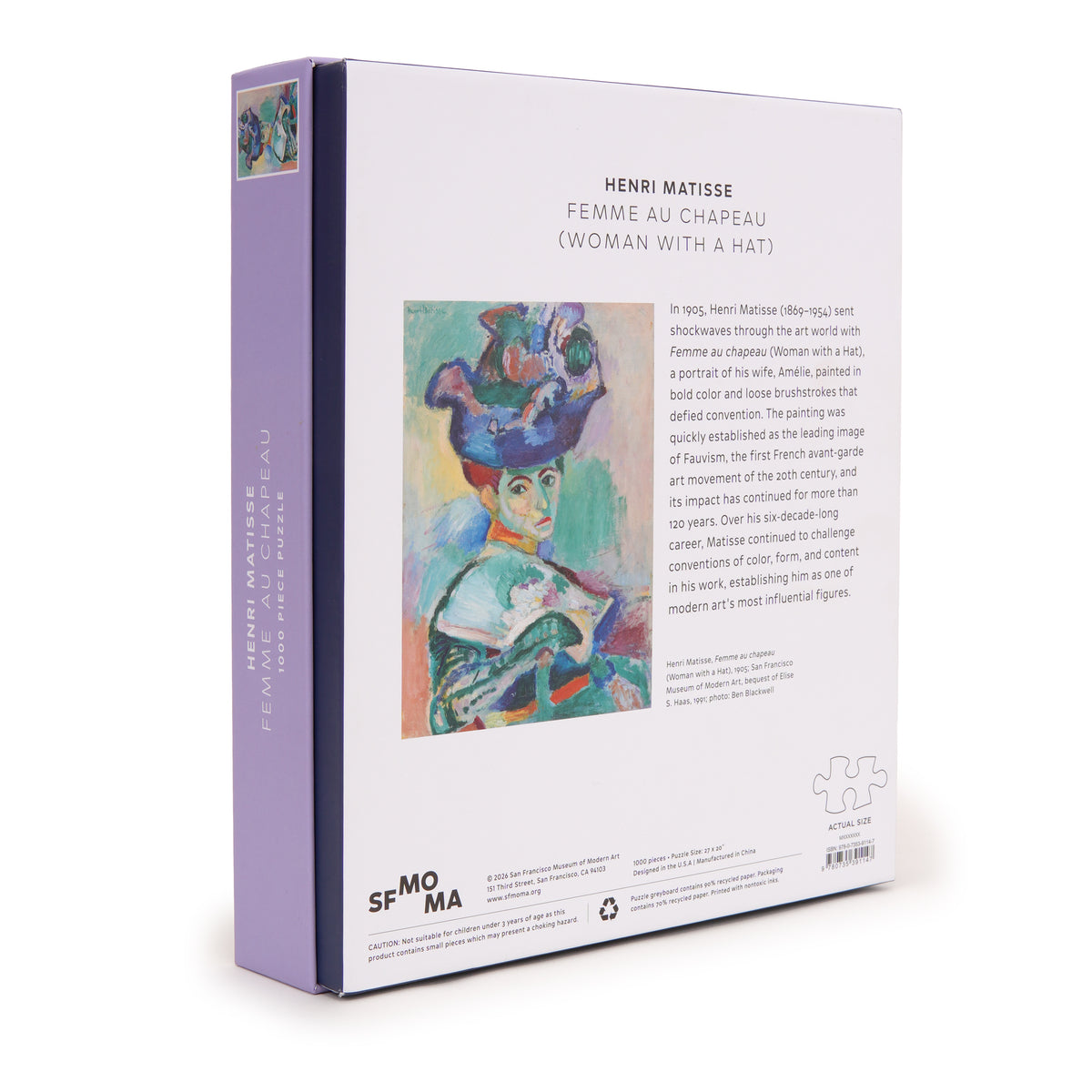 Matisse 1000-Piece Jigsaw Puzzle: Femme au Chapeau back cover facing right