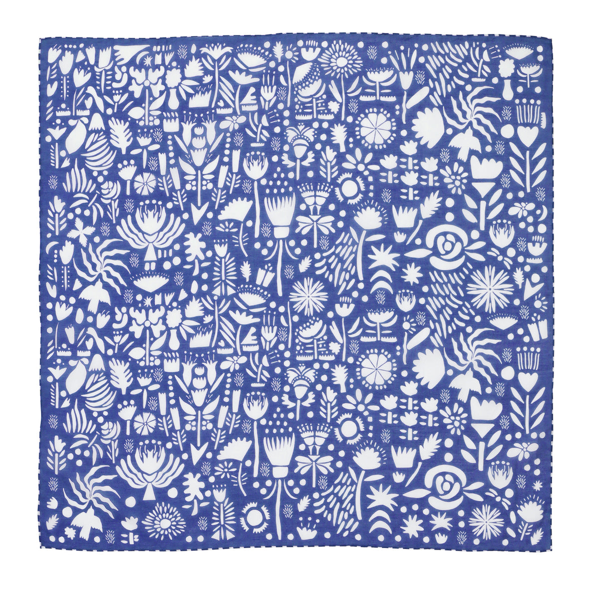 Blue fabric with white floral pattern (front)