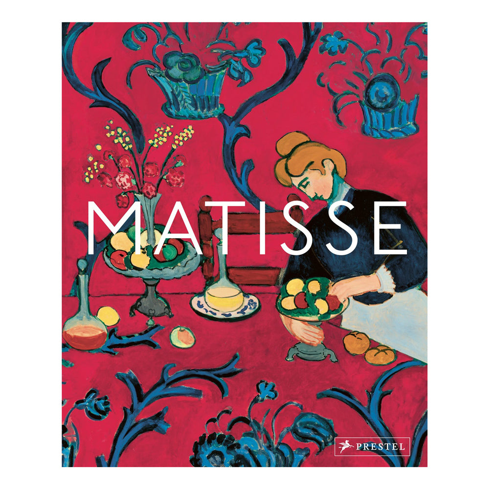 Book cover featuring an illustration of a woman at a table with flowers and fruit, on a red background with blue floral patterns.