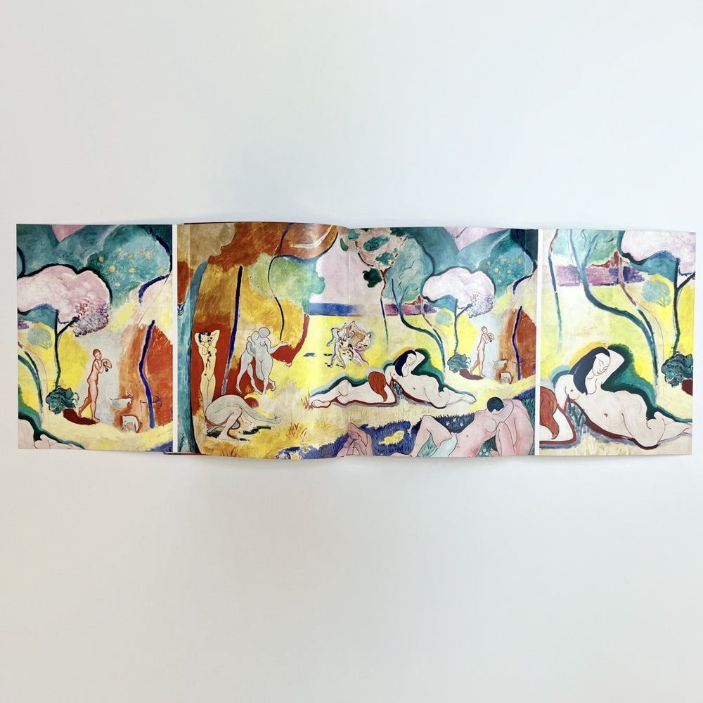 Interior of a painting with colorful figures outdoors.