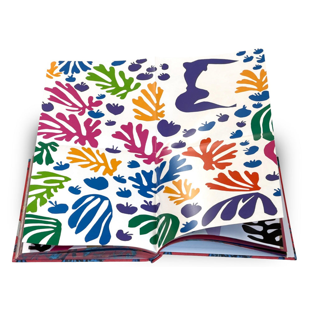 Colorful abstract design on a book interior with a white background