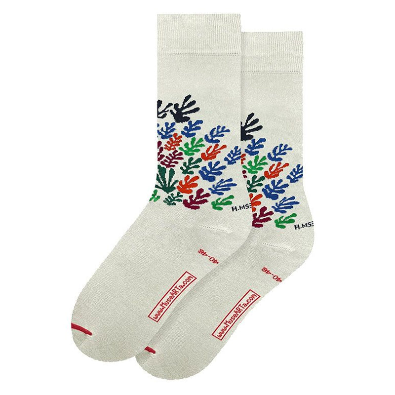 Pair of socks with colorful leaf pattern on a white background