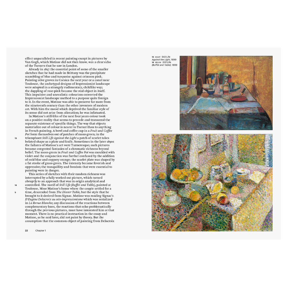 Book page with text and two paintings of a kitchen scene.
