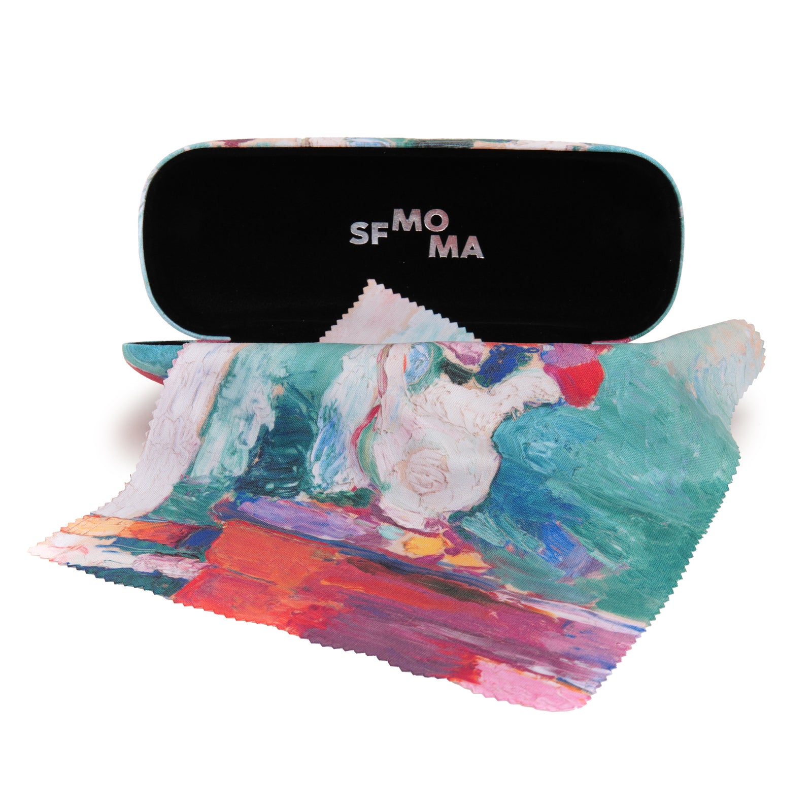 Matisse Eyeglasses Case: Flowers shown with case open and cleaning wipe