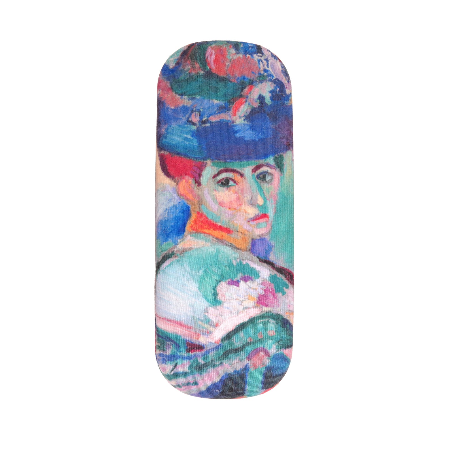 Matisse Eyeglass Case: Femme au Chapeau shown open with cleaning cloth