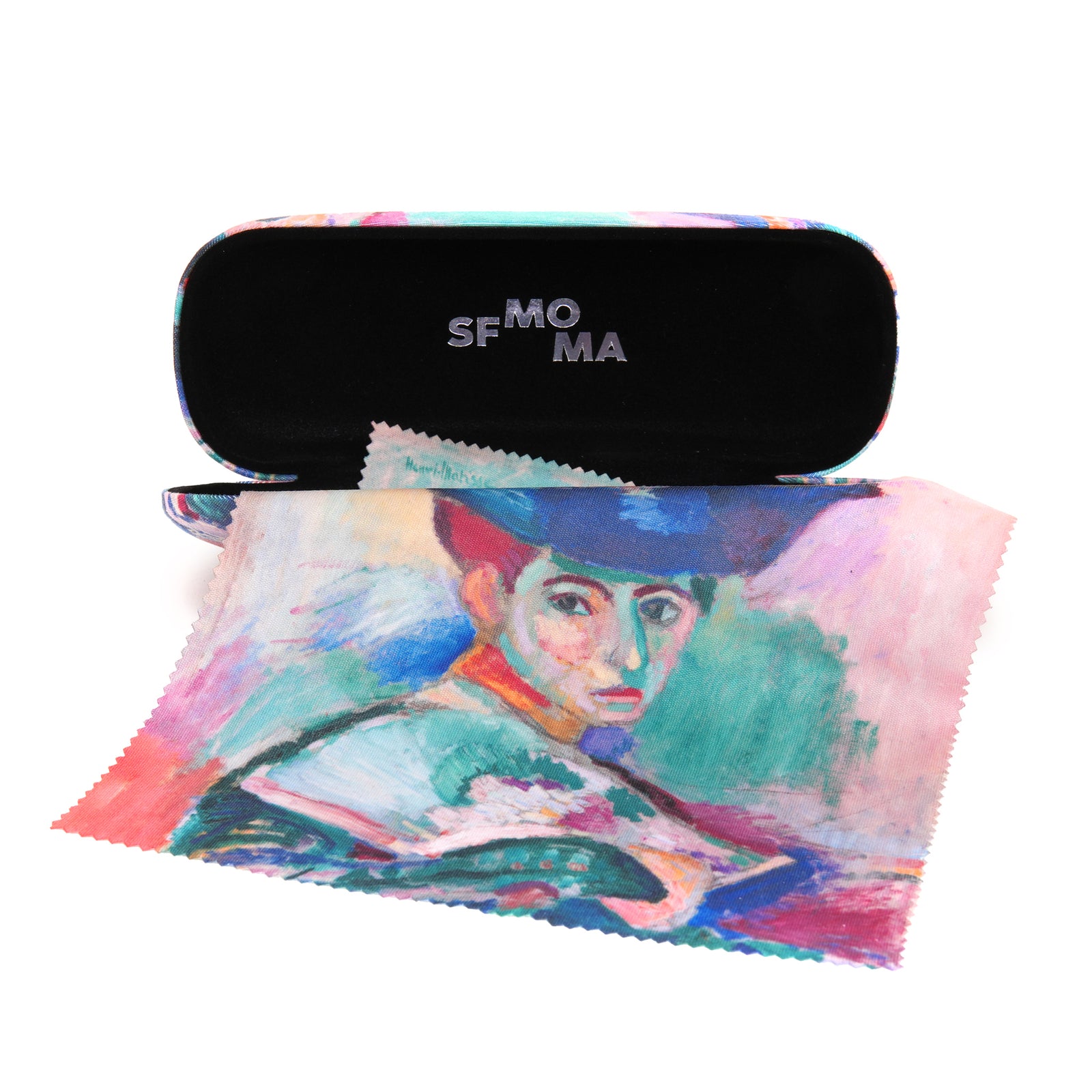 Matisse Eyeglass Case: Femme au Chapeau shown open with cleaning cloth